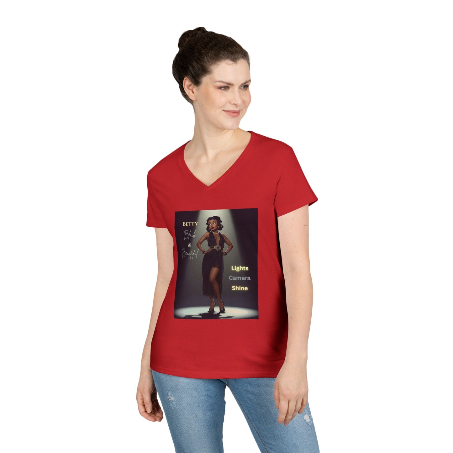 Glamorous V-Neck T-Shirt: Black Betty Boop Embrace Your Shine, Fashion Tee, Stylish Casual Wear, Gifts for Her, Perfect for Celebrations