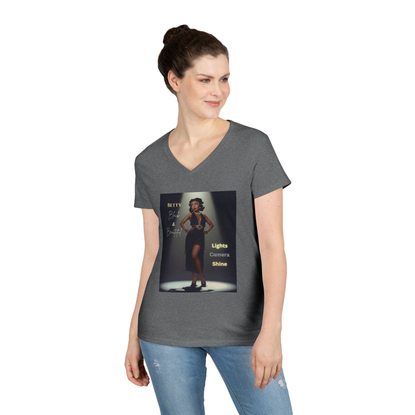 Glamorous V-Neck T-Shirt: Black Betty Boop Embrace Your Shine, Fashion Tee, Stylish Casual Wear, Gifts for Her, Perfect for Celebrations