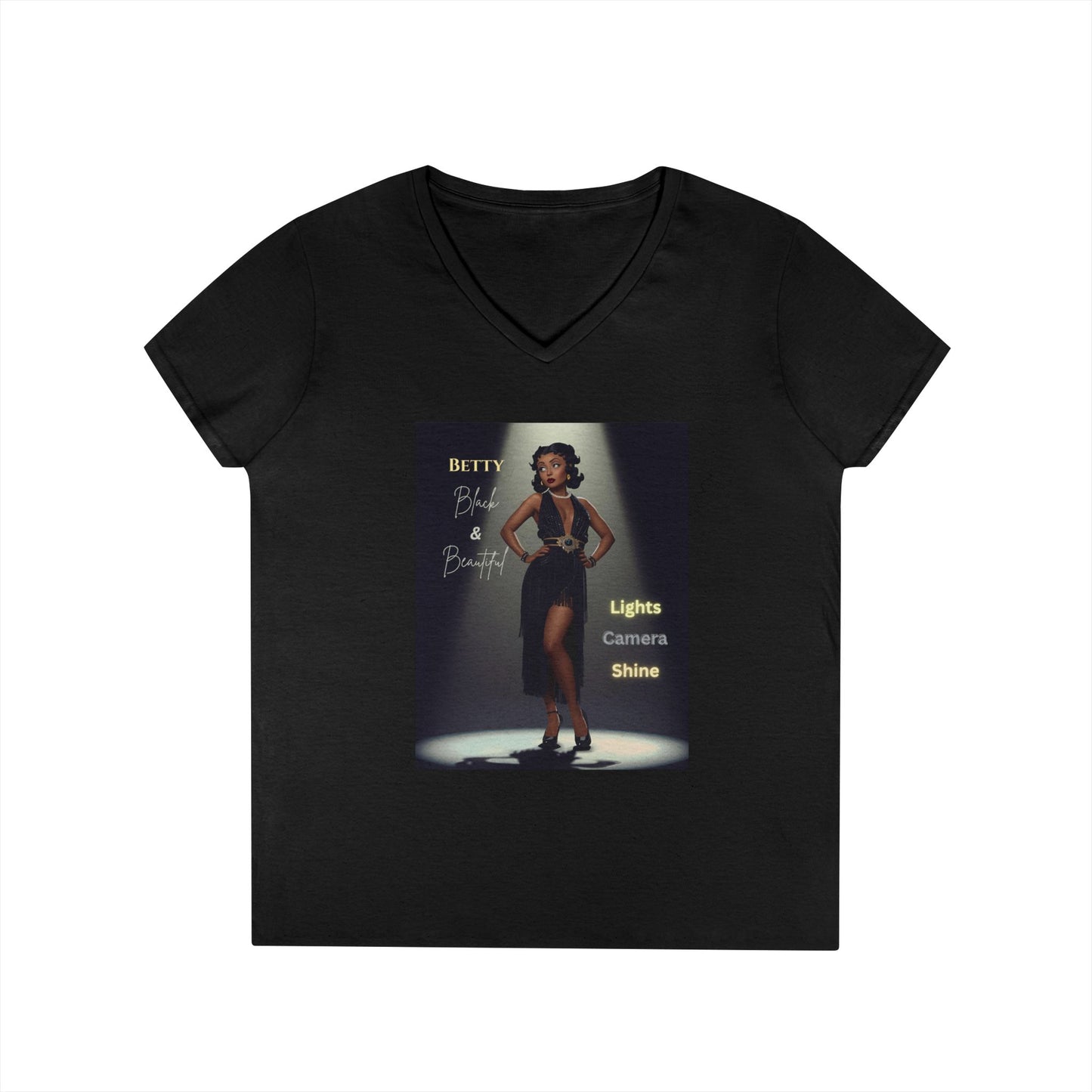 Glamorous V-Neck T-Shirt: Black Betty Boop Embrace Your Shine, Fashion Tee, Stylish Casual Wear, Gifts for Her, Perfect for Celebrations