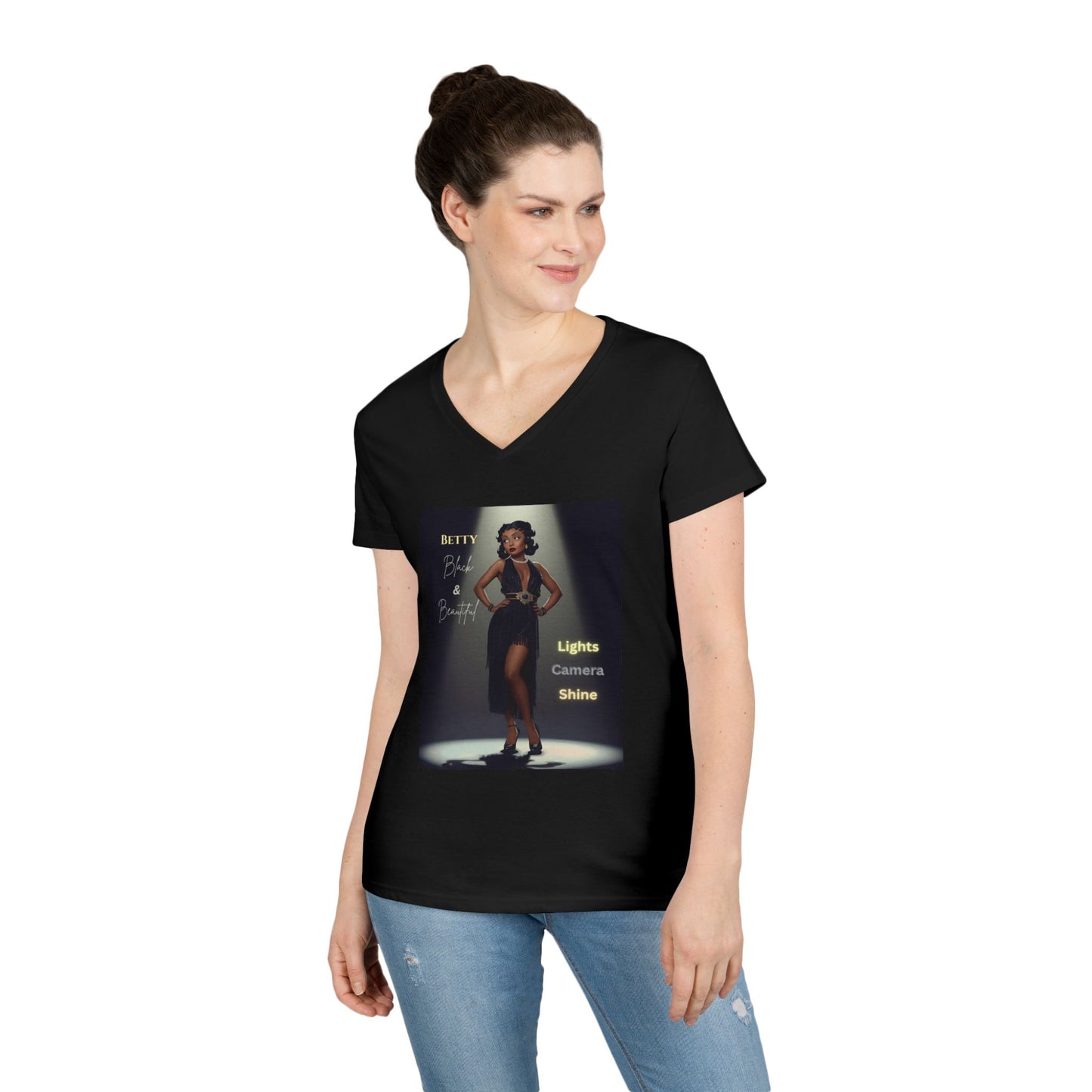 Glamorous V-Neck T-Shirt: Black Betty Boop Embrace Your Shine, Fashion Tee, Stylish Casual Wear, Gifts for Her, Perfect for Celebrations
