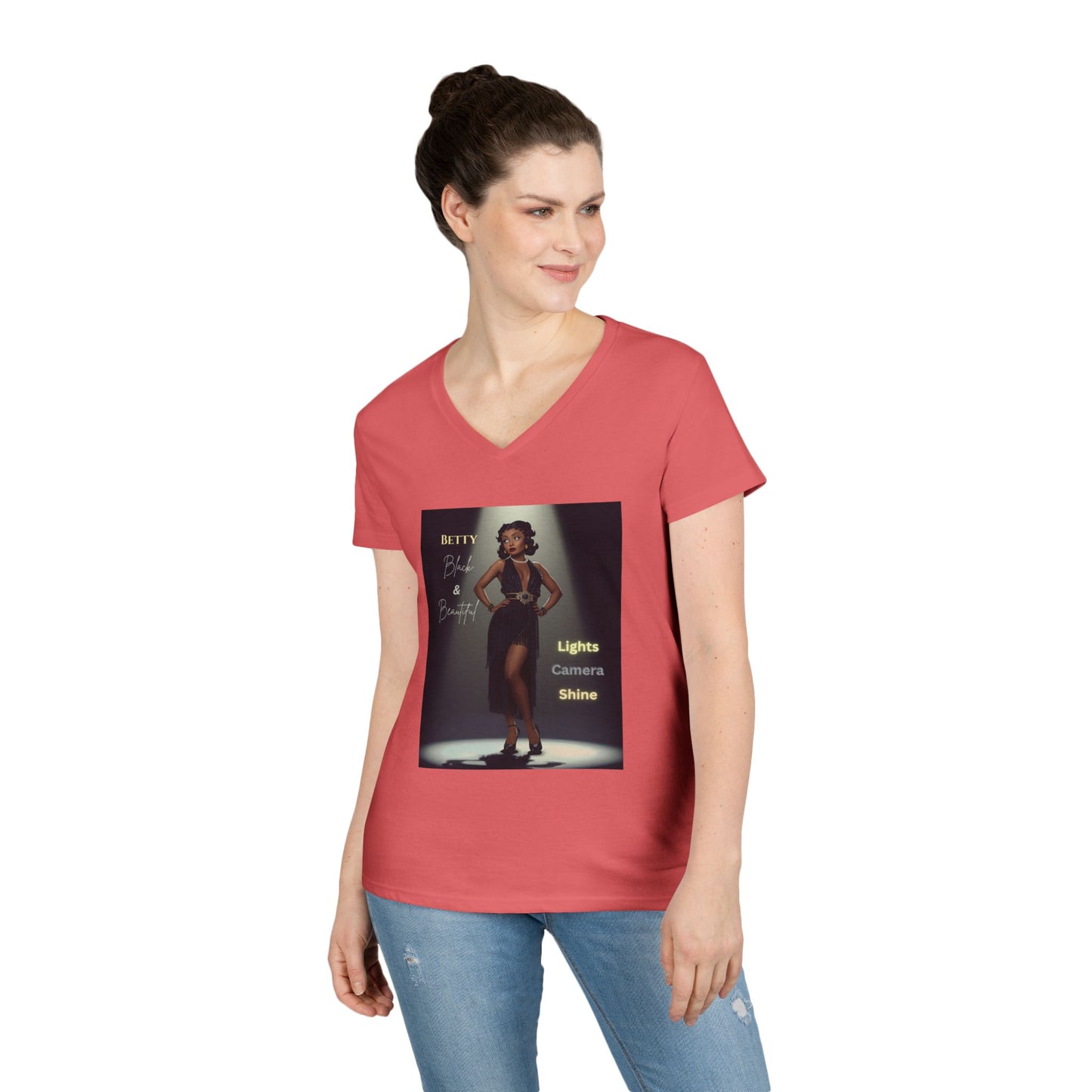 Glamorous V-Neck T-Shirt: Black Betty Boop Embrace Your Shine, Fashion Tee, Stylish Casual Wear, Gifts for Her, Perfect for Celebrations