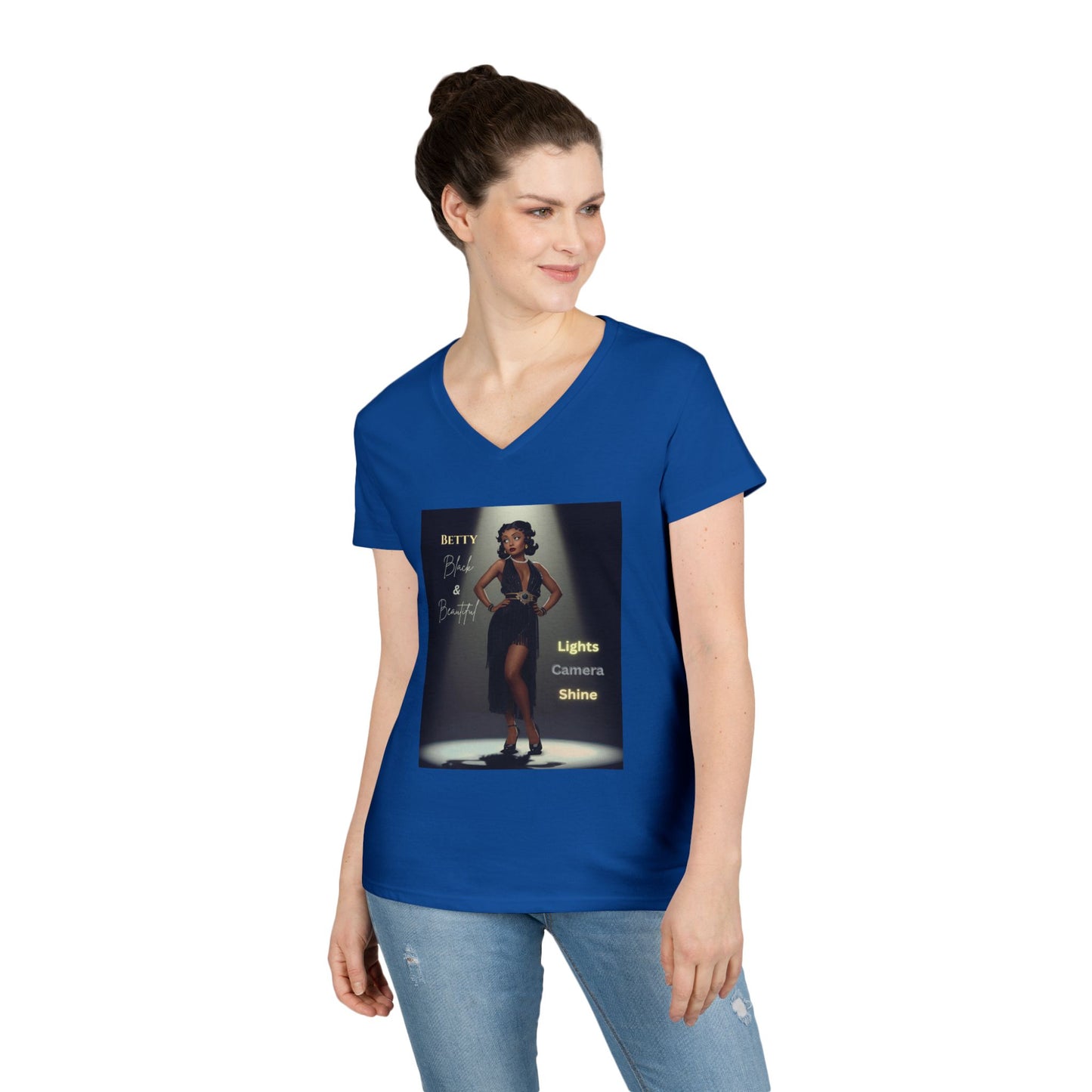 Glamorous V-Neck T-Shirt: Black Betty Boop Embrace Your Shine, Fashion Tee, Stylish Casual Wear, Gifts for Her, Perfect for Celebrations