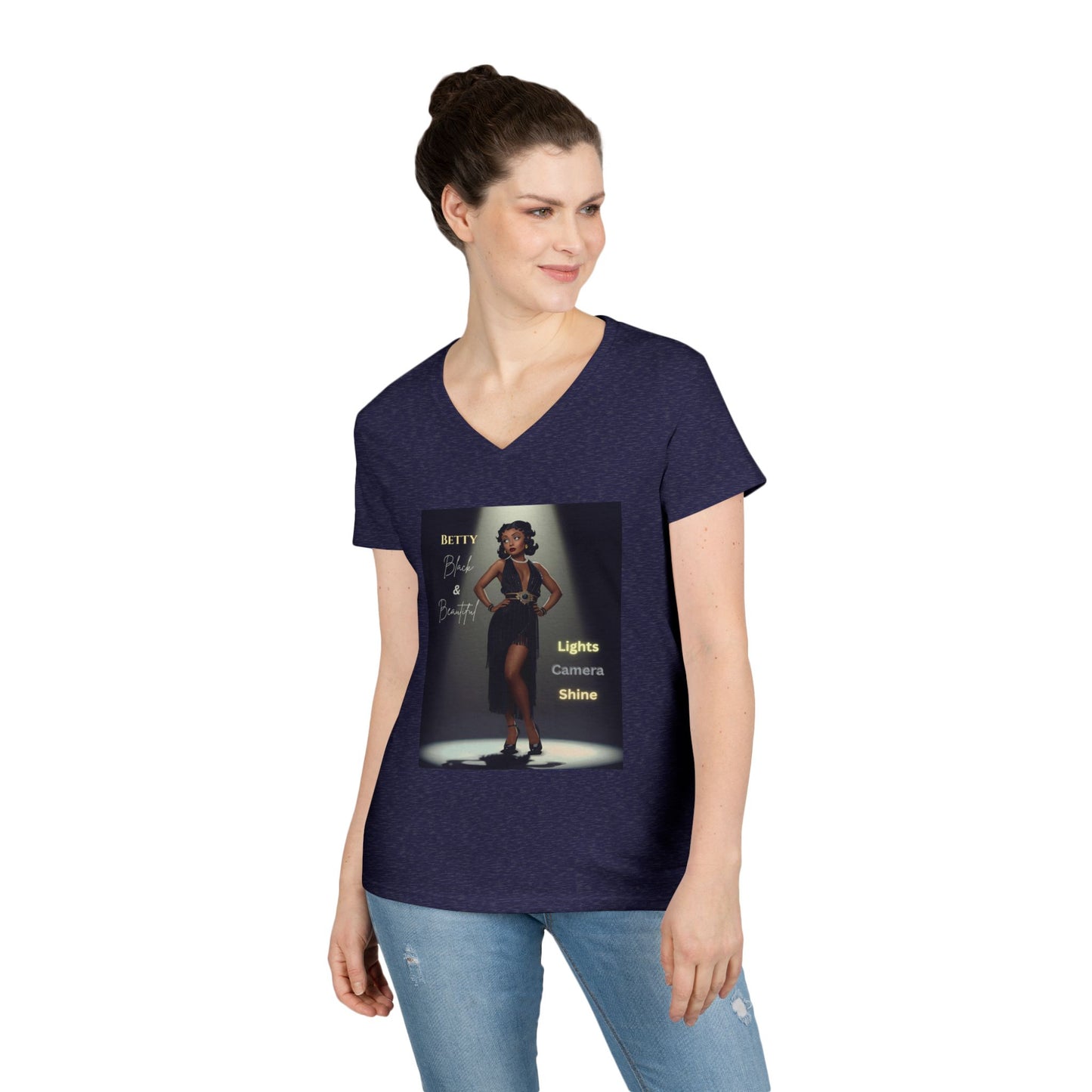 Glamorous V-Neck T-Shirt: Black Betty Boop Embrace Your Shine, Fashion Tee, Stylish Casual Wear, Gifts for Her, Perfect for Celebrations