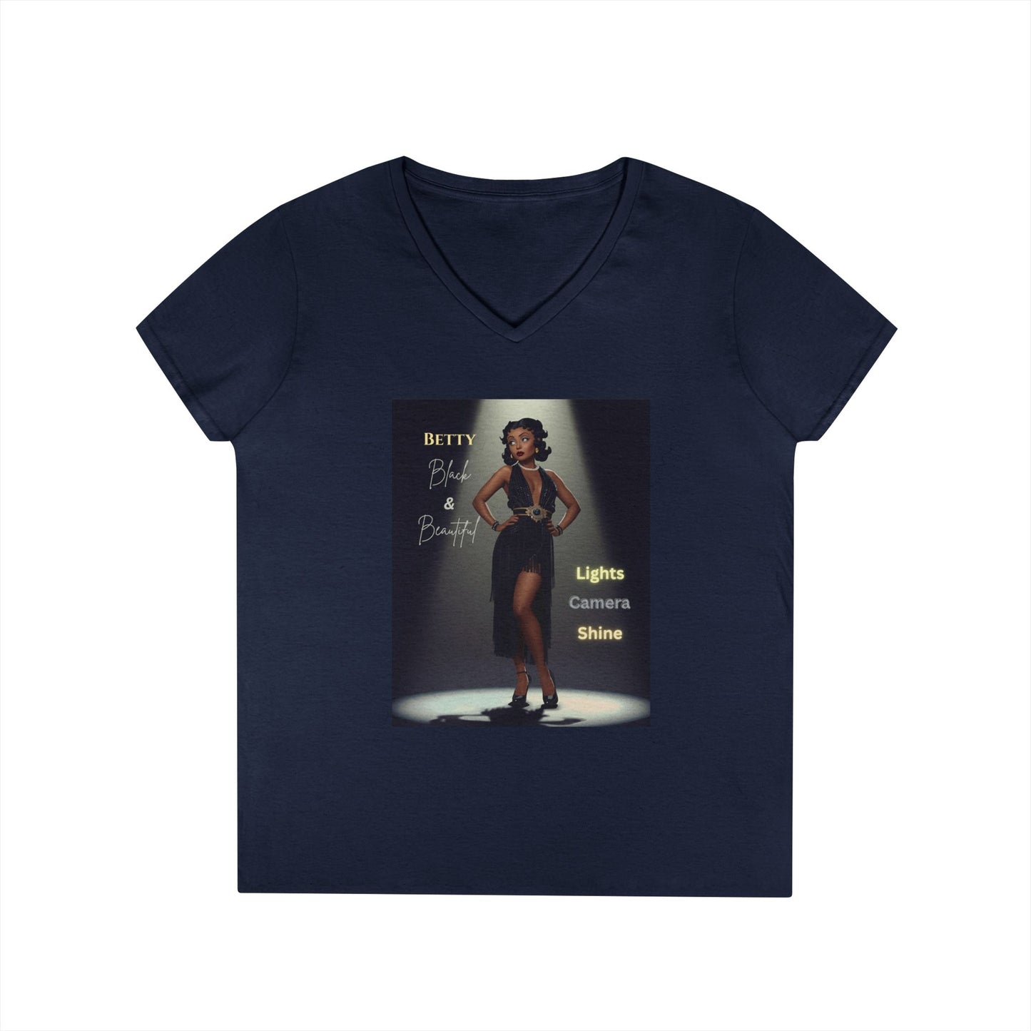 Glamorous V-Neck T-Shirt: Black Betty Boop Embrace Your Shine, Fashion Tee, Stylish Casual Wear, Gifts for Her, Perfect for Celebrations
