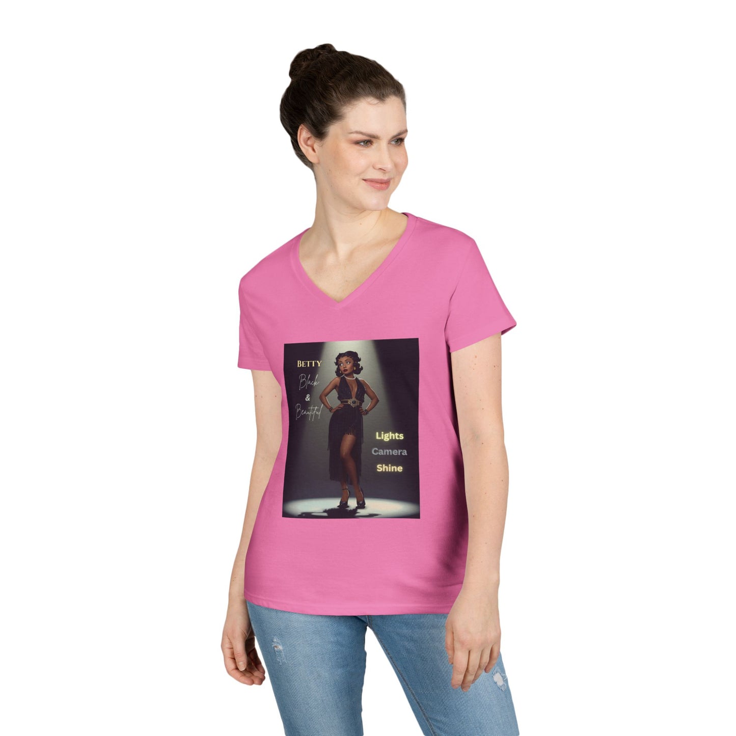Glamorous V-Neck T-Shirt: Black Betty Boop Embrace Your Shine, Fashion Tee, Stylish Casual Wear, Gifts for Her, Perfect for Celebrations