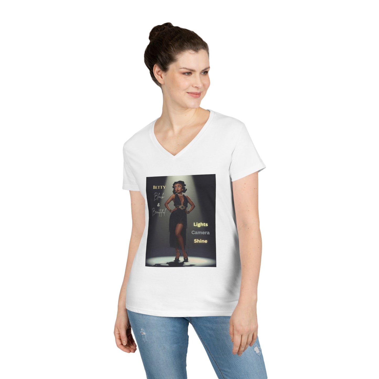 Glamorous V-Neck T-Shirt: Black Betty Boop Embrace Your Shine, Fashion Tee, Stylish Casual Wear, Gifts for Her, Perfect for Celebrations