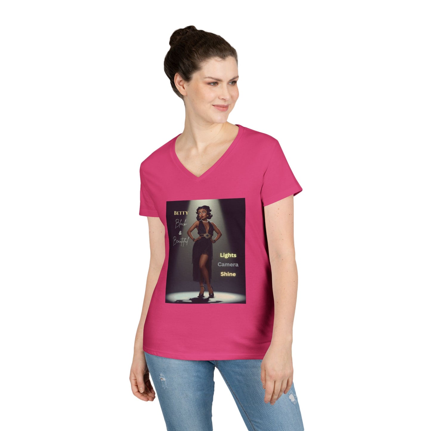 Glamorous V-Neck T-Shirt: Black Betty Boop Embrace Your Shine, Fashion Tee, Stylish Casual Wear, Gifts for Her, Perfect for Celebrations