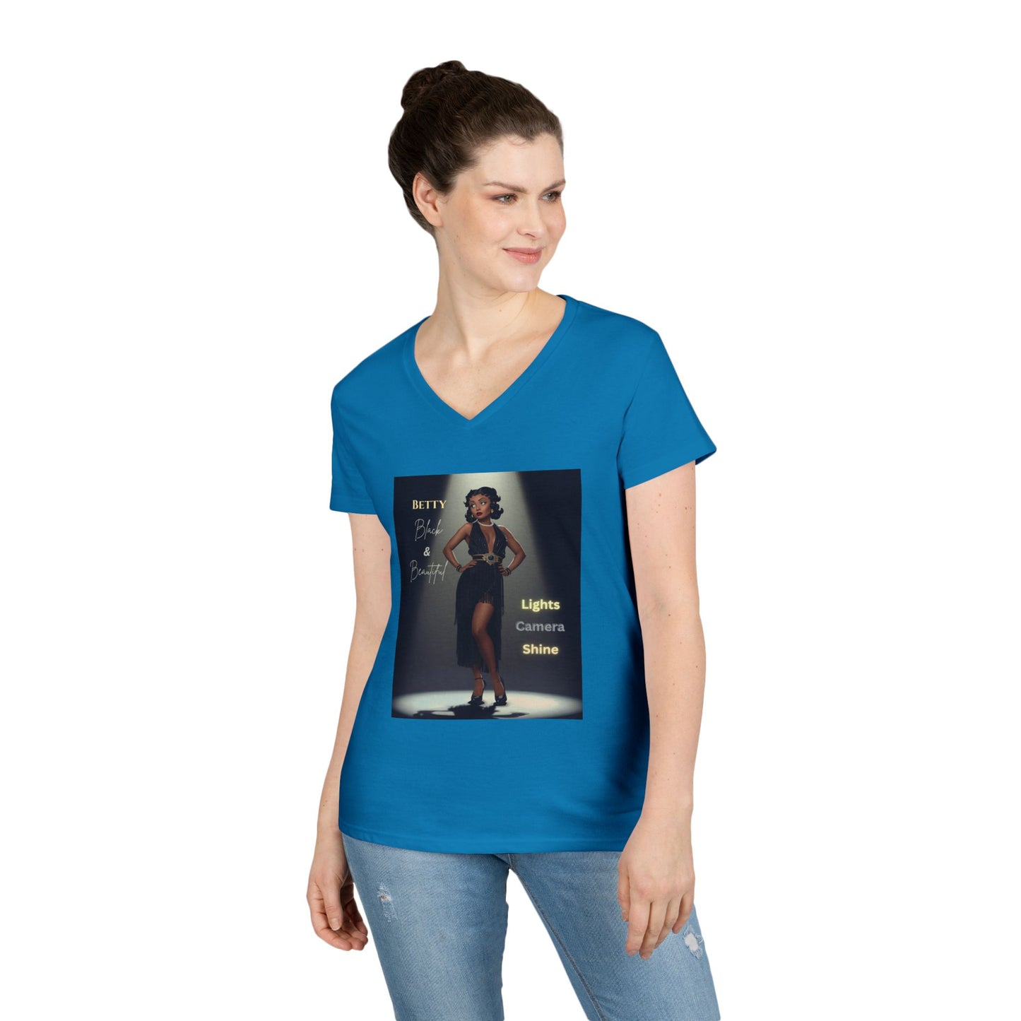 Glamorous V-Neck T-Shirt: Black Betty Boop Embrace Your Shine, Fashion Tee, Stylish Casual Wear, Gifts for Her, Perfect for Celebrations