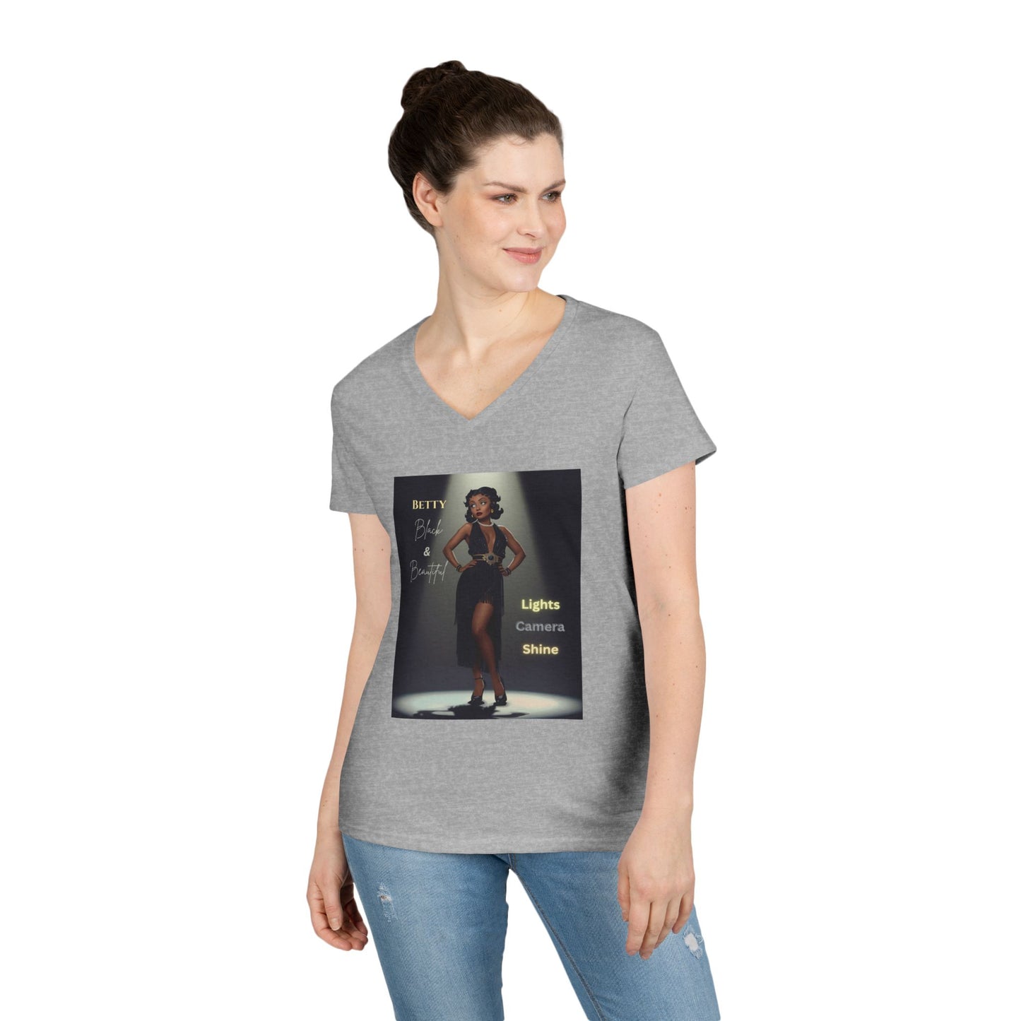 Glamorous V-Neck T-Shirt: Black Betty Boop Embrace Your Shine, Fashion Tee, Stylish Casual Wear, Gifts for Her, Perfect for Celebrations